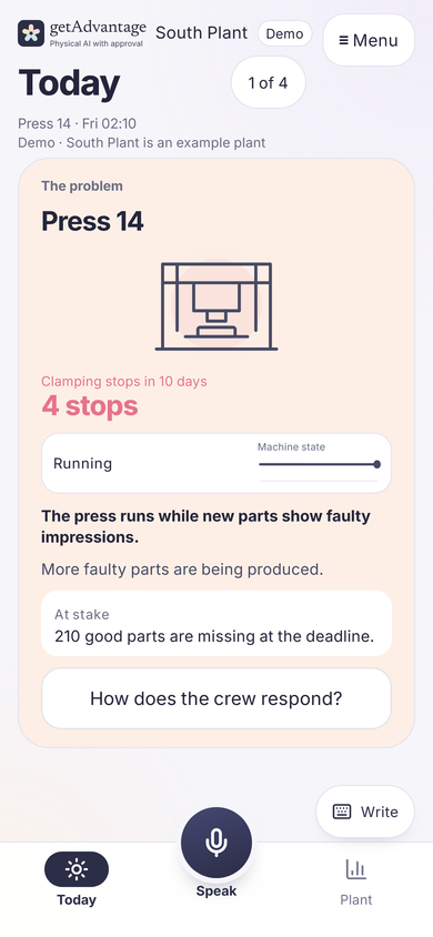 The machine raises an alert: Press 14 in South Plant