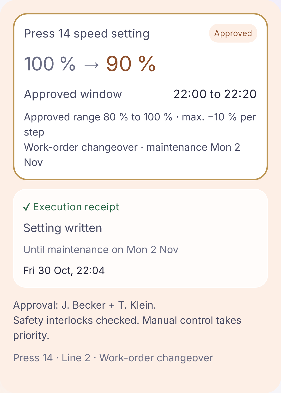 PR-14: speed 100 to 90 %, window 22:00 to 22:20, maintenance Mon 2 Nov.